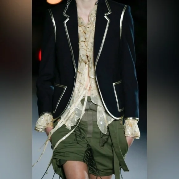 Saint Laurent Gold Trim Garbadine Blazer in Black Wool FR36
